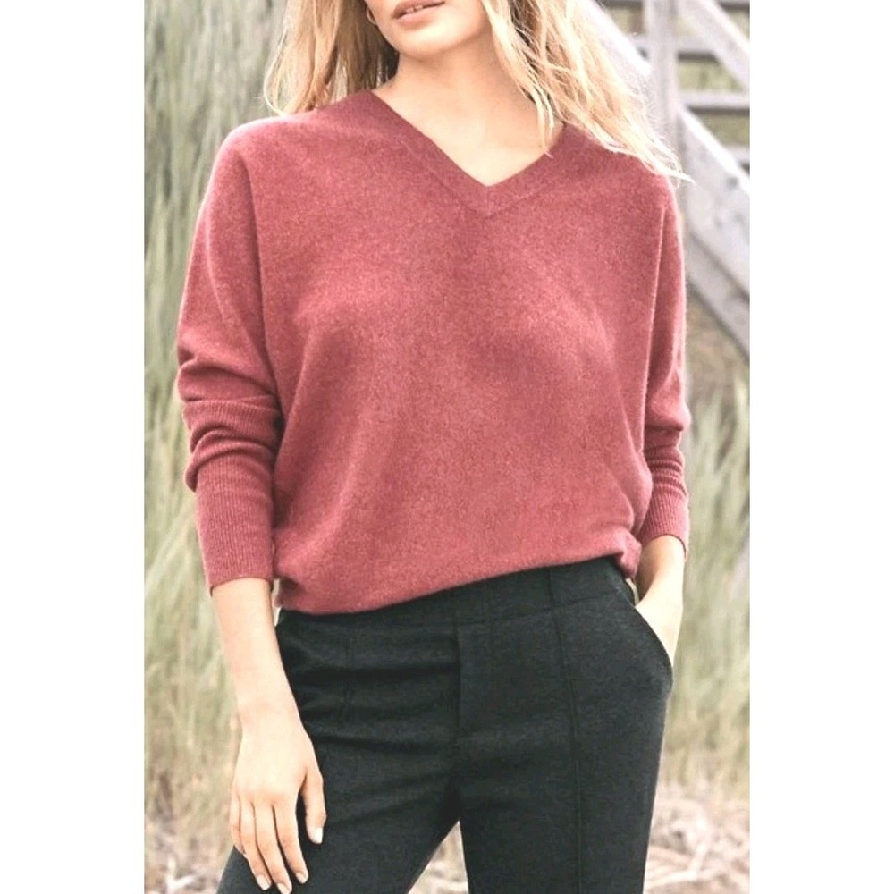 Garnet Hill Essential Cashmere Sweater Size S Pullover V Neck Dolman Sleeve Rose